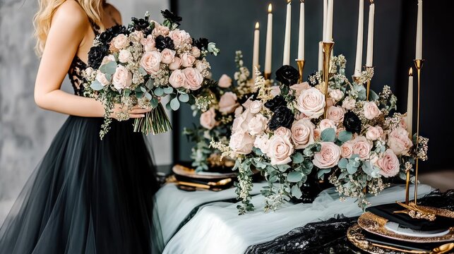 Elegant bride holding black and blush pink floral bouquet near wedding table setting.