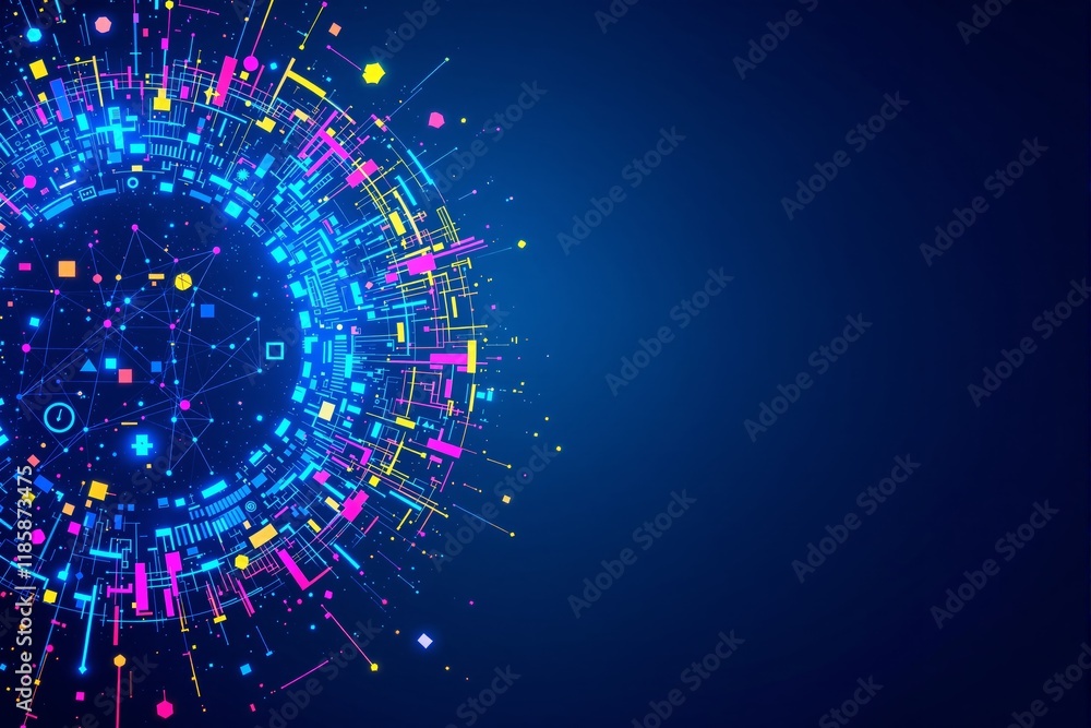 Poster abstract colorful circular futuristic digital pattern with neon elements, geometric shapes, and glow