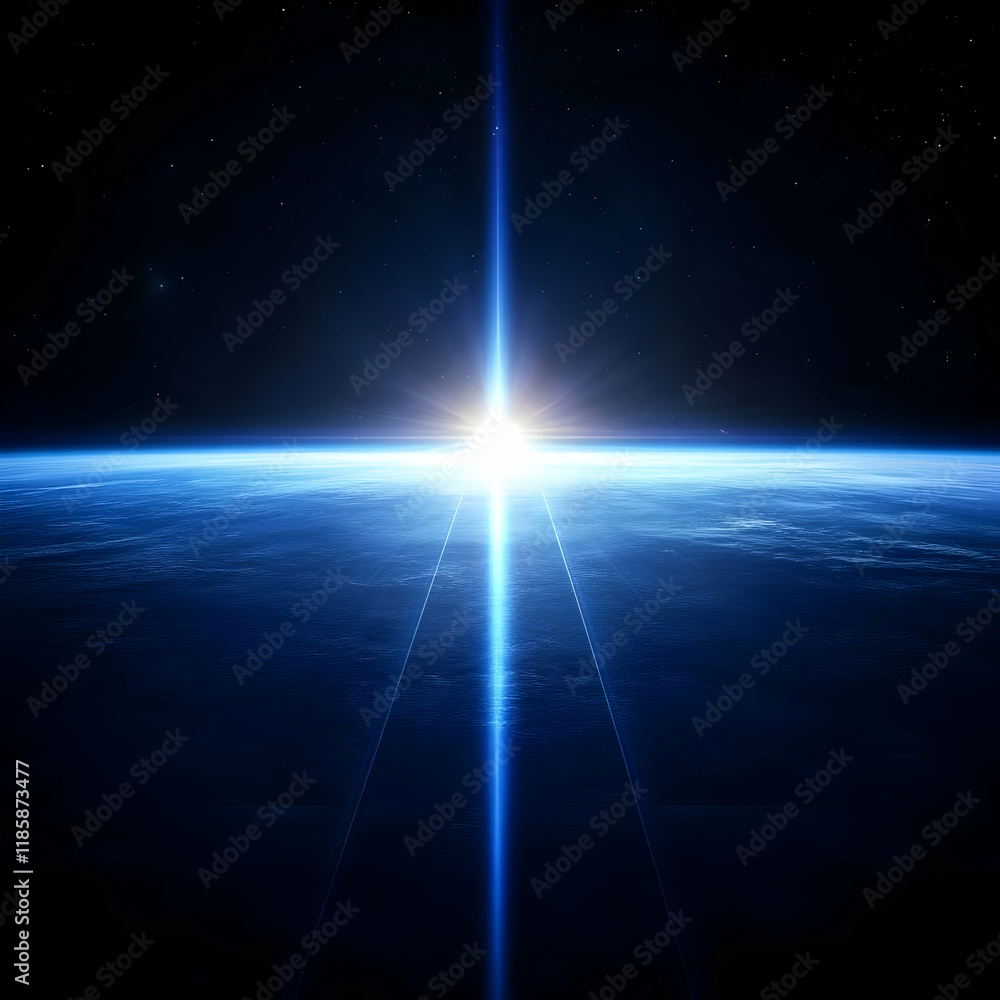 Poster light beam shines through space from planet to outer space calmly