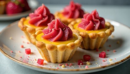 Miniature pastry cups filled with vibrant yellow curd and topped with a tart red rhubarb crumble, sweet treat, baking