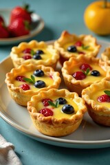 Mini quiches with colorful fillings arranged on a platter, kitchen, arrangement