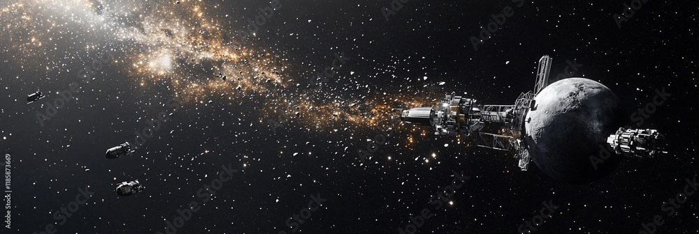 Poster spaceship exploring asteroid field in space.