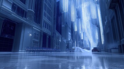 Obraz premium Frozen city street scene, icy skyscrapers, snow, cars, and reflective ground.