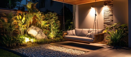 Obraz premium Serene Night Garden: Illuminated Patio Swing
