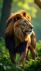 Fototapeta premium Majestic lion's mane flowing in the gentle forest breeze, savannah, nature