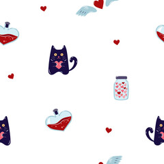 Valentine's Day Seamless pattern with cats and Heart shaped flask. Cute background for textiles and packaging. Vector illustration.