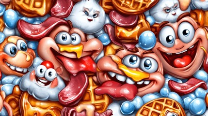 Obraz premium Cartoon characters with waffles and bubbles.