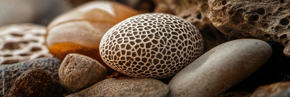 Poster close-up of textured stones, one with intricate pattern.