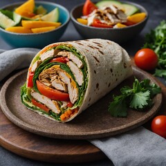 Delicious chicken shawarma on wooden table, closeup. Delicious fresh roll with shrimps, tomatoes, lettuce and cucumber in pita bread. 