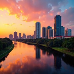Obraz premium Panoramic view of downtown Tampa's skyscrapers at sunset with the Hillsborough River in the foreground, sunset, skyscrapers