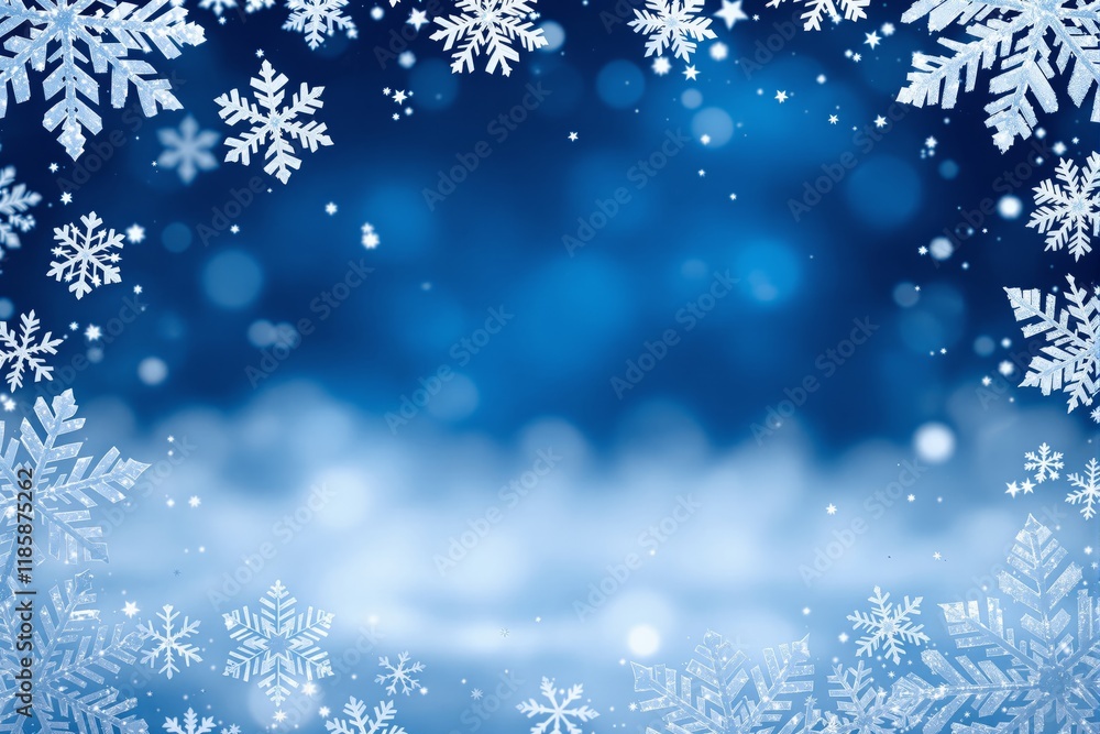 Poster snowflakes in varying sizes and patterns against a blurred blue background with soft light effects, 