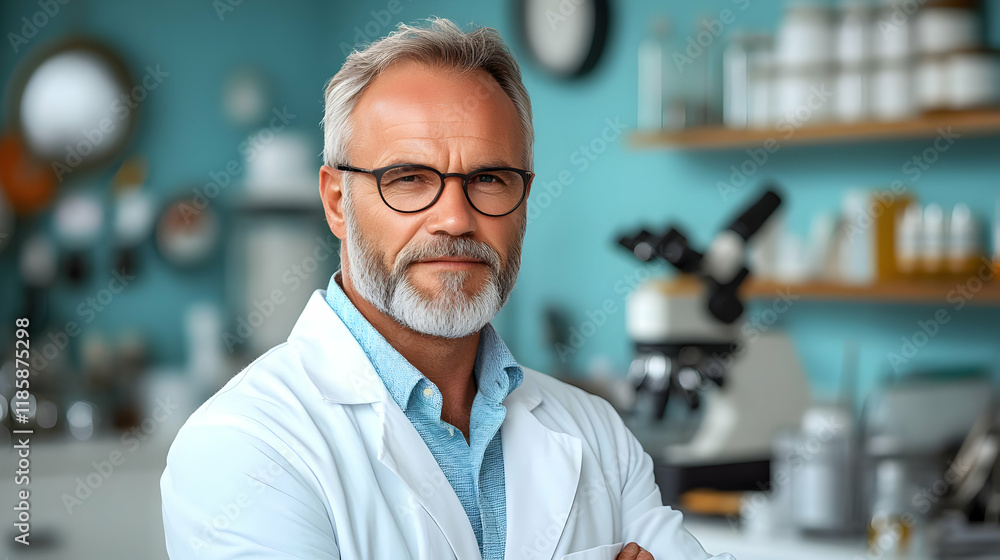 Poster lab research scientist studies data in a modern laboratory setting with equipment