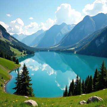 Panoramic view of Praid resort's lake and surrounding mountains, Romania, landscape