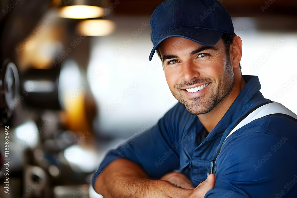 Poster worker smiles confidently in workshop setting with tools