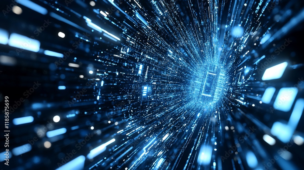 Poster abstract digital tunnel of glowing blue lines and data streams.