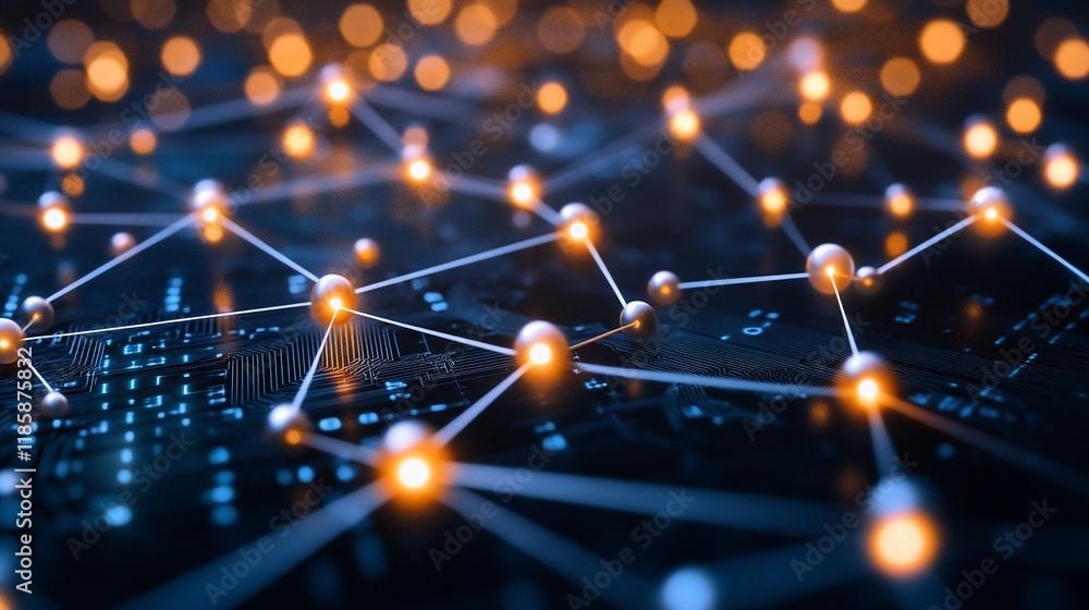 Poster abstract network connection concept with glowing nodes and lines on a circuit board background.