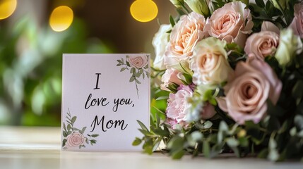 I love you mom card and a bouquet of flowers. Selective focus