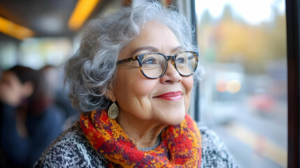 Woman Smiles Thoughtfully While Riding Public Transport on a Cloudy Day