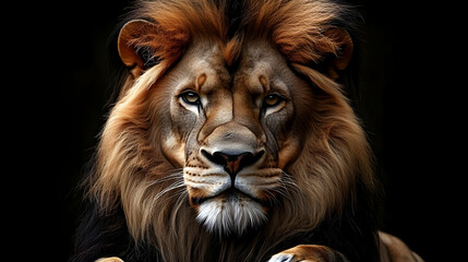 Fototapeta premium Majestic Lion Gazes Intently with Golden Mane on Dark Background