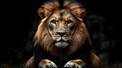 Fototapeta premium Majestic Lion Rests Calmly in Dark Jungle Habitat