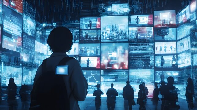 Person observes a massive digital information wall