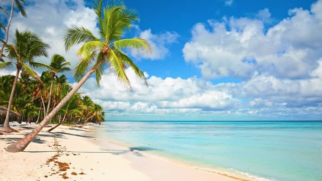 Seascape with turquoise waves on a white sand Caribbean beach resort. Green palm over blue wave. Nature paradise sea island. Summer holidays by the ocean. Travel to a tropical paradise.
