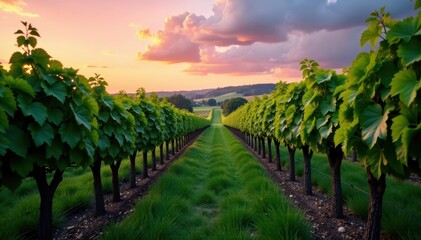 Fototapeta premium Serene vineyard at dusk with lush greenery and vines, serene, garden