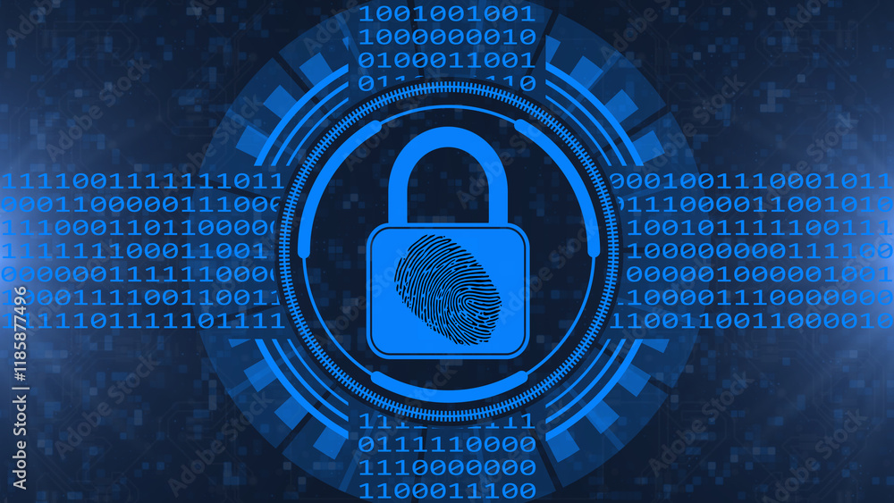 Poster echnology Secure Concept - padlock with fingerprint - binary code hud - graphic elementson blurred background as circuit board - 3D Illustration