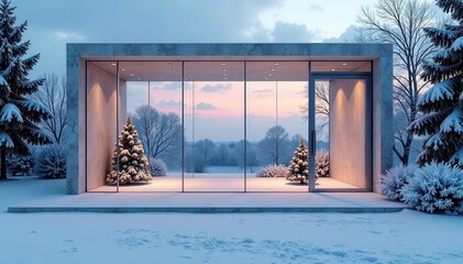 Sleek glass facade with snowy landscape backdrop, landscape, sleek