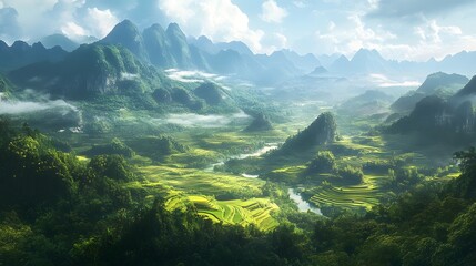 Obraz premium Majestic Mountain Valley Rice Terraces Lush Green Landscape