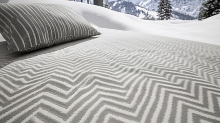 Gray chevron patterned bedding on snowy mountain background.