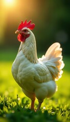 Fototapeta premium Soft sunlight filters through feathers on a chicken's back as it stands in a green field, farm life, birds