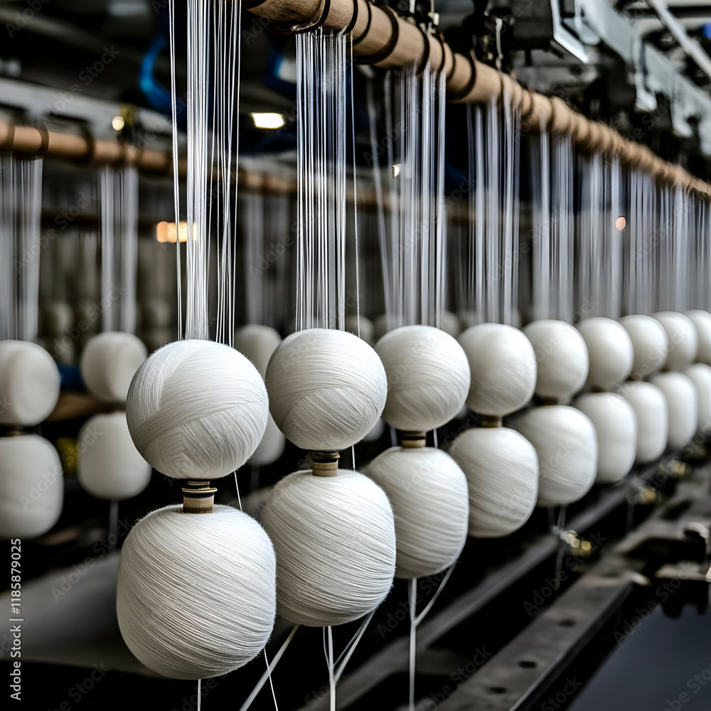 Poster white thread spins onto spools efficiently in textile factory