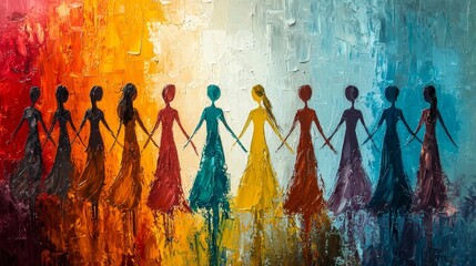A Vibrant Artistic Representation of Unity and Diversity Featuring Colorful Silhouettes of Women Holding Hands in an Abstract Landscape