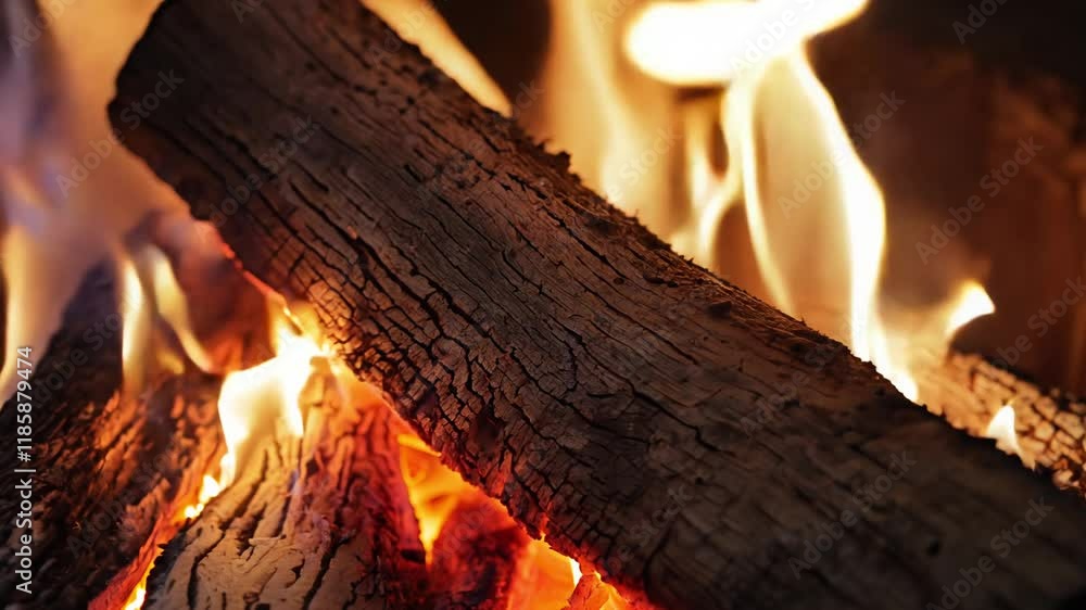 Poster fiery close-up video, fast zoom in on a burning log within a fire, showing intense flames and sparks