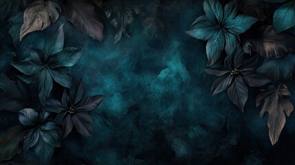 Dark teal textured background with moody,  deep green and dark purple leaves and flowers.