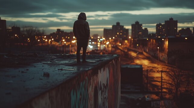 A Person Standing on the Edge of a Roof at Night - Generative AI