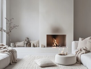 Cozy Minimalist Living Room With Fireplace And Candles