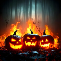 Fototapeta premium Spooky Pumpkins Glow in Haunted Forest