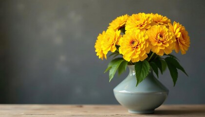 Fototapeta premium A bouquet of bright yellow marigold flowers in a vase, homedecor, flower, floralart