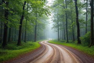 Obraz premium A tranquil forest featuring a winding dirt road, surrounded by tall, vibrant green trees. The fog adds a serene and mystical atmosphere. Ai generative