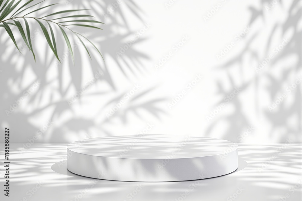 Poster white circular podium in a minimal design with soft palm leaf shadows on a bright background. concep