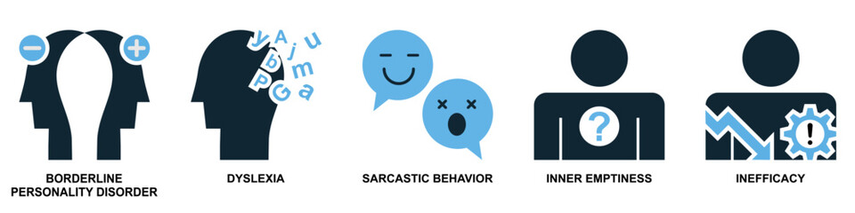 Borderline Personality Disorder, Dyslexia, Sarcastic Behavior, Inner Emptiness, Inefficacy Psychology Icon Vector - Emotional and Cognitive Disorders Conceptual Design for Mental Health