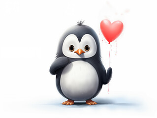 Obraz premium Cartoon Penguin with Heart Balloon: Whimsical Design for Love and Affection