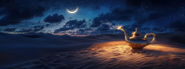Aladdin's lamp in the desert against the background of the new moon. Selective focus