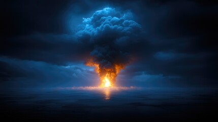 Fototapeta premium Dramatic explosion illuminating dark stormy skies over ocean