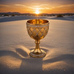 Naklejka premium A golden goblet with diamond accents reflecting a fiery sunset over white sands.