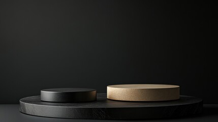 Minimalistic podium display in dark studio setting highlights product presentation opportunities with elegant pedestal design