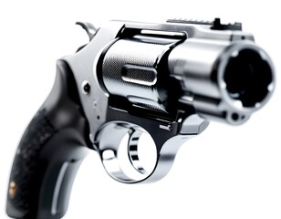 Sleek Revolver: Chrome Cylinder, Black Grip, Dramatic Close-up