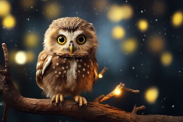 Small owl perching on a tree branch illuminated by fairy lights, with a snowy, bokeh background, creating a magical christmas atmosphere